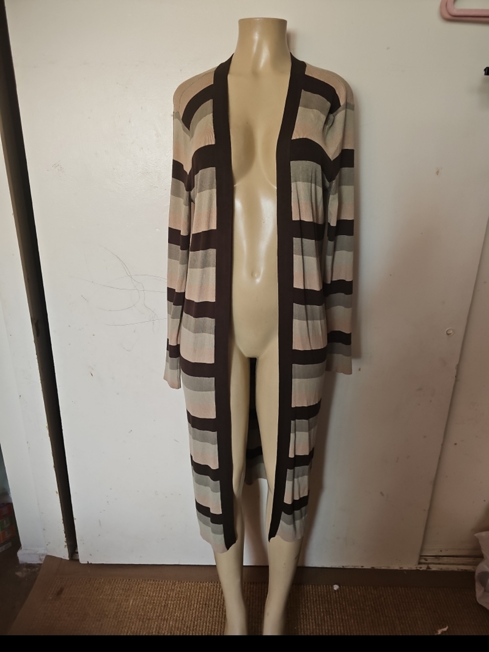 Striped Long Open-Front Cardigan in Beige and Brown